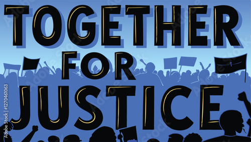 A vibrant, diverse crowd joyfully assembled beneath a large banner proclaiming "Together F", emphasizing unity and participation.