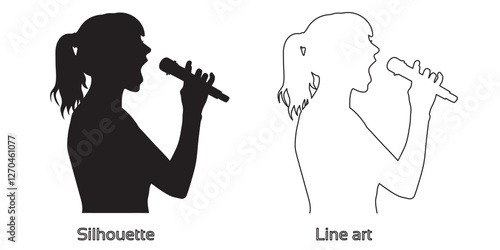 silhouette of woman singer with microphone hand drawing line art vector illustration