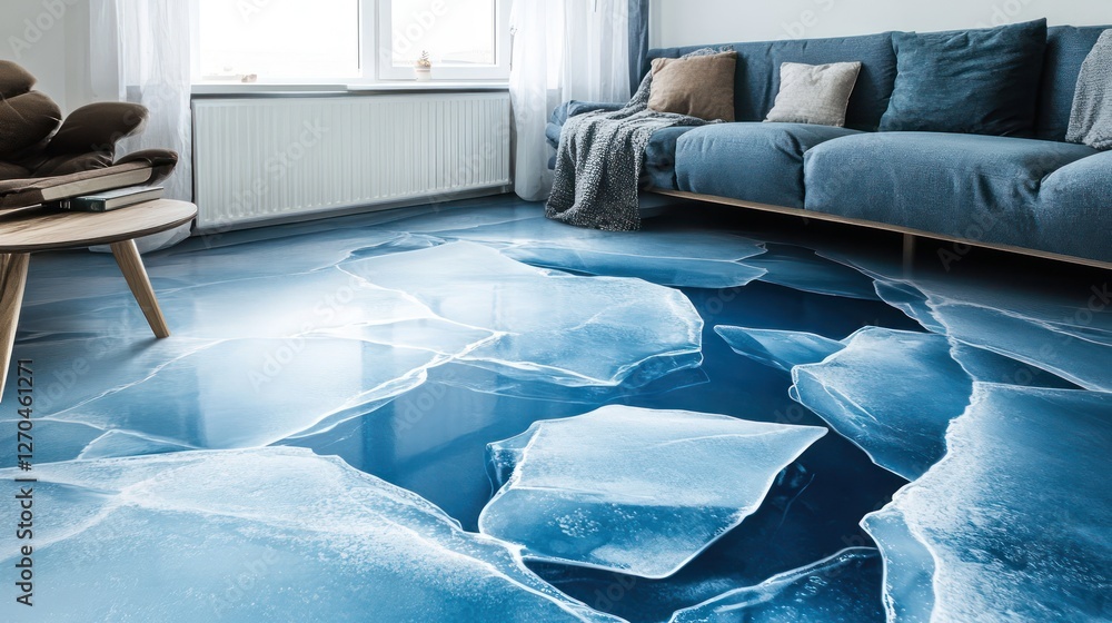 Fototapeta premium 3D epoxy floor with realistic cracked ice patterns, frosty blues and whites, giving a cooling aesthetic