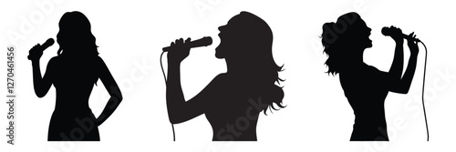 silhouette of woman singer with microphone hand drawing line art vector illustration