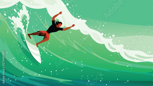 Create a dynamic vector illustration of a surfer expertly riding a colossal, curling ocean wave, showcasing power and skill.