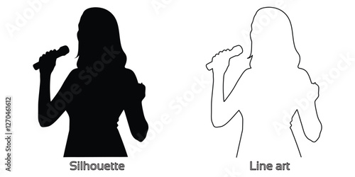 silhouette of woman singer with microphone hand drawing line art vector illustration