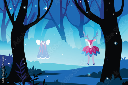 Ethereal painting of a majestic deer with iridescent antlers in a mystical forest, promoting Magi, with glowing flora and a whimsical fairy element.