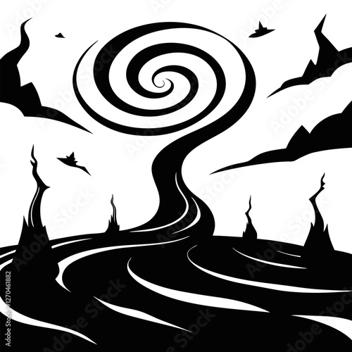 "A barren wasteland covered in swirling dust, with twisted, reaching toward the sky like desperate. The wind carves eerie patterns into the cracked ground." silhouette vector art illustration  