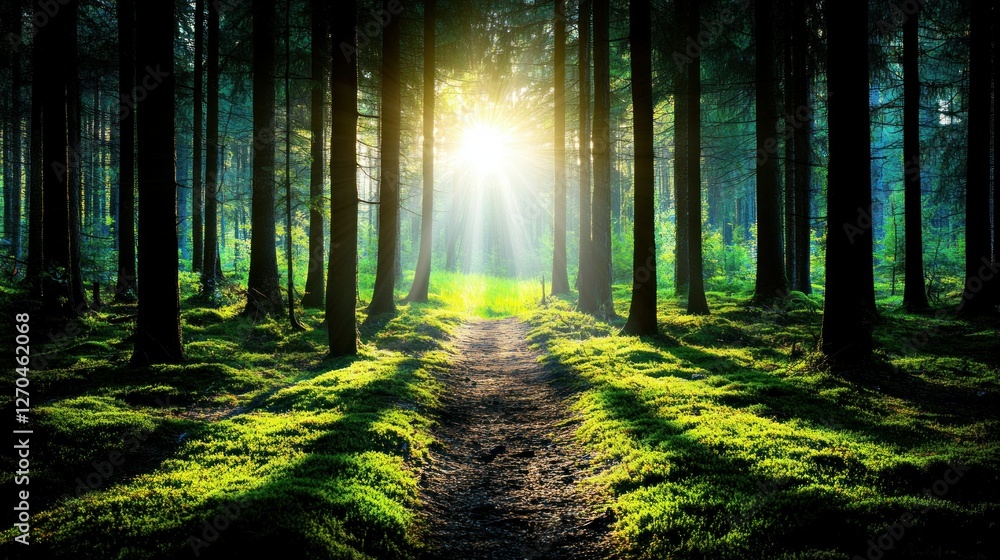 Fototapeta premium Sunlit forest path, morning light, moss-covered ground