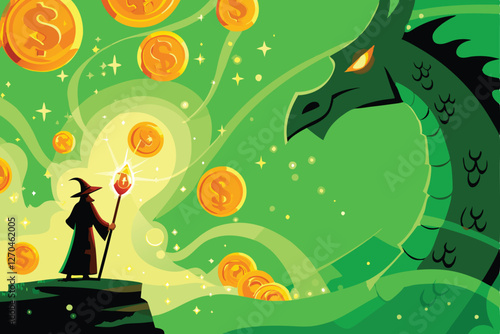 A powerful wizard, robes billowing, magically conjures a magnificent, majestic dragon from swirling arcane energy.  Detailed, fantasy art.