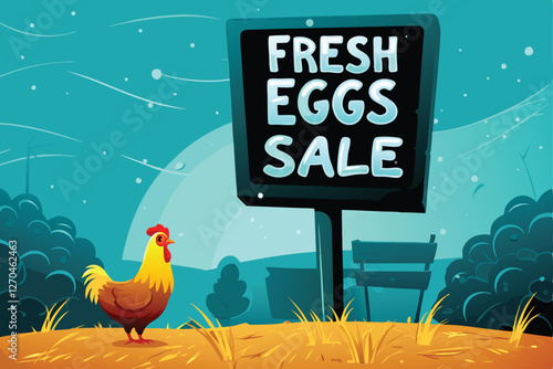A cheerful hen proudly displays a freshly laid, speckled egg in a rustic farmyard setting, sunlit and idyllic.