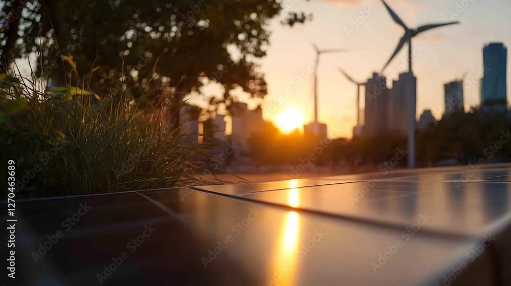 Fototapeta premium Sustainable city, Sunset silhouette with solar panels and wind turbines