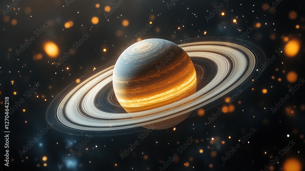 Glowing Ringed Planet in Starry Space, Cosmic Background, Science Fiction Glowing Ringed Planet in Starry Space, Cosmic Background, Science Fiction