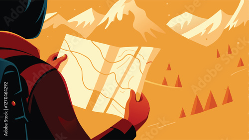 Create a minimalist flat design vector illustration of a hiker, smiling, consulting a detailed map, appearing joyful and ready for adventure.  Include a compass.