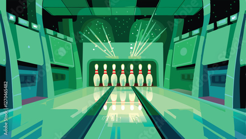 Design a futuristic bowling alley sleek, neon-lit lanes, glowing holographic pins, chrome-accented furniture, and a vibrant, energetic atmosphere.
