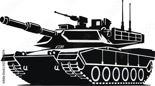 A black silhouette of a modern battle tank, featuring a large main gun, a rotating turret, and heavy armor plating, reminiscent of an M1 Abrams or T-9