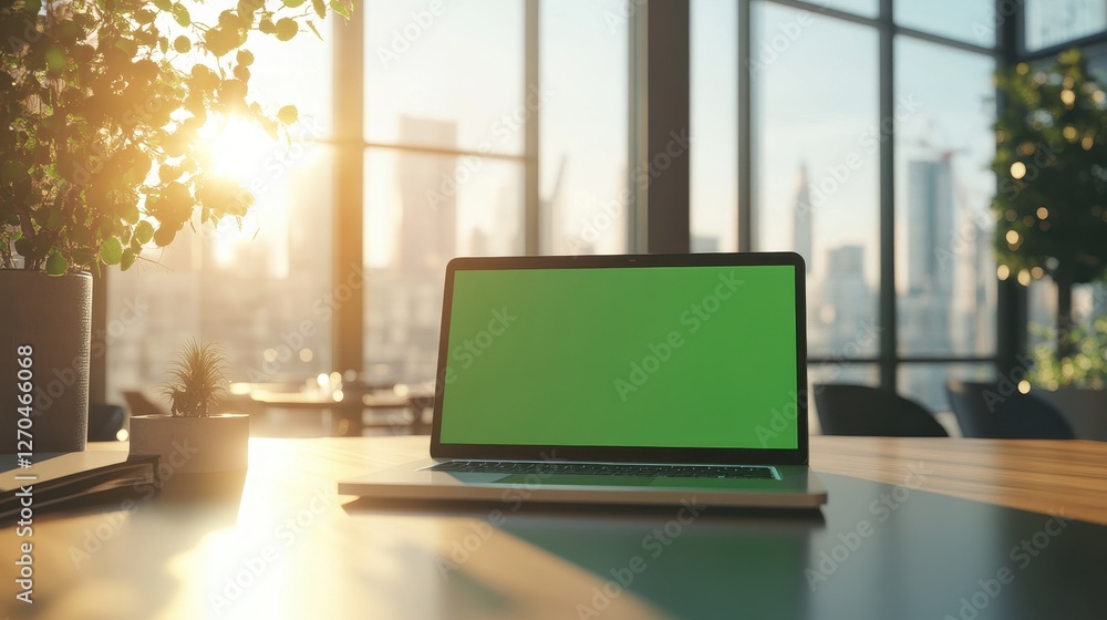 Sustainable Businesses A meticulously rendered D model of a laptop, its screen adorned with a vibrant green chroma key monitor, sits gracefully in a contemporary office cafee. Sunlight streams Sustainable Businesses A meticulously rendered D model of a laptop, its screen adorned with a vibrant green chroma key monitor, sits gracefully in a contemporary office cafee. Sunlight streams