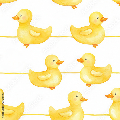 Seamless illustration of watercolor toys. A playful pattern of adorable yellow rubber ducks, perfect for children's decor and fun-themed designs.