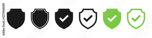 Green shield check mark icon or security shield protection icon with tick symbol