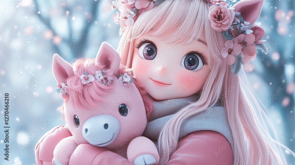 Girl, pony, winter, flowers, snow, hug, illustration, fantasy, background, digital art Girl, pony, winter, flowers, snow, hug, illustration, fantasy, background, digital art