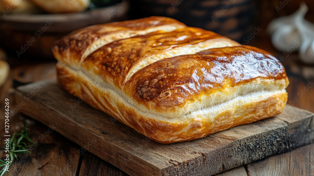 Freshly baked bread with golden crust, resting on wooden board, exuding warmth and comfort. Perfect for any meal or occasion Freshly baked bread with golden crust, resting on wooden board, exuding warmth and comfort. Perfect for any meal or occasion