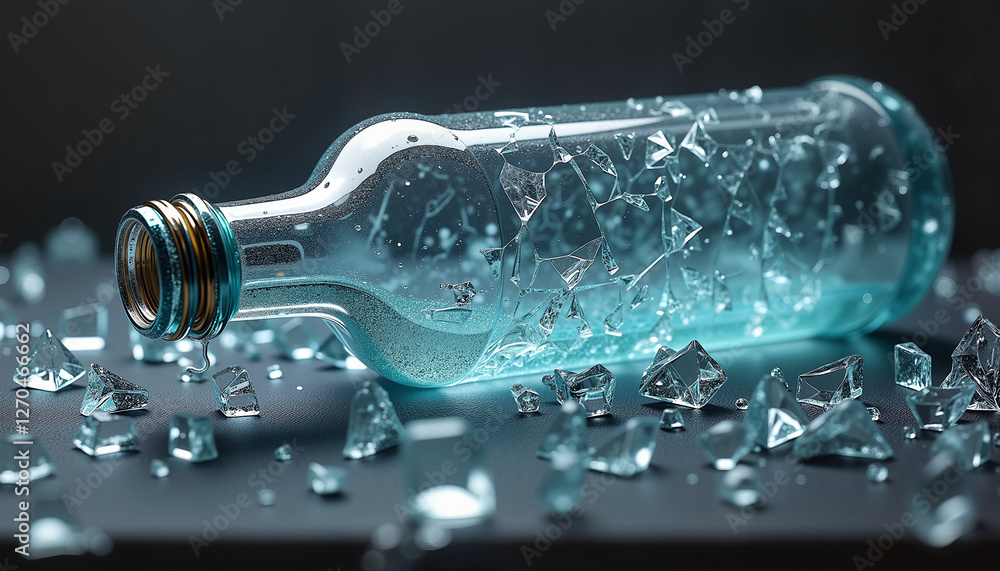 Shattered glass bottle with scattered shards reflecting light, fragility Shattered glass bottle with scattered shards reflecting light, fragility