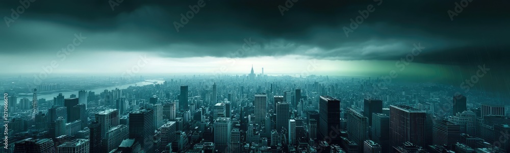 Fototapeta premium Acid rain climate change concept. A panoramic view of a city skyline under a moody and dramatic sky.
