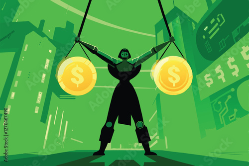 A futuristic sorcerer, levitating, effortlessly balances glowing orbs representing financial data; neon city backdrop.