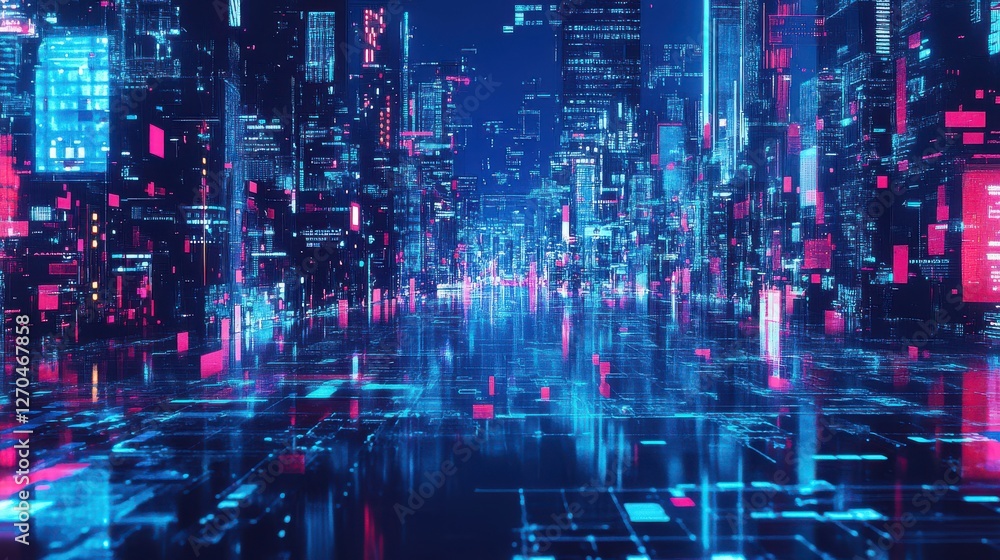 Futuristic Cityscape with Neon Lights and Digital Effects in Urban Environment at Night Futuristic Cityscape with Neon Lights and Digital Effects in Urban Environment at Night