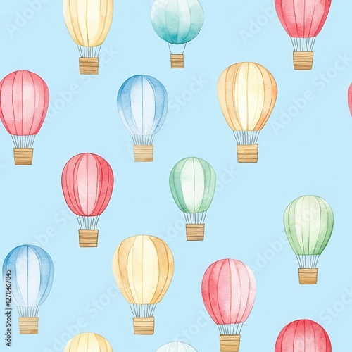 Seamless illustration of watercolor toys. A whimsical pattern featuring colorful hot air balloons against a soft blue background, creating a cheerful and uplifting atmosphere.