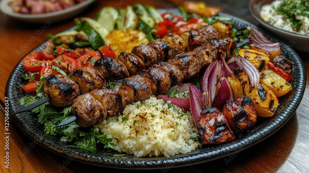 Fototapeta premium Grilled meat skewers with rice and assorted grilled vegetables. A delicious, healthy meal perfect for restaurant menus or food blogs.
