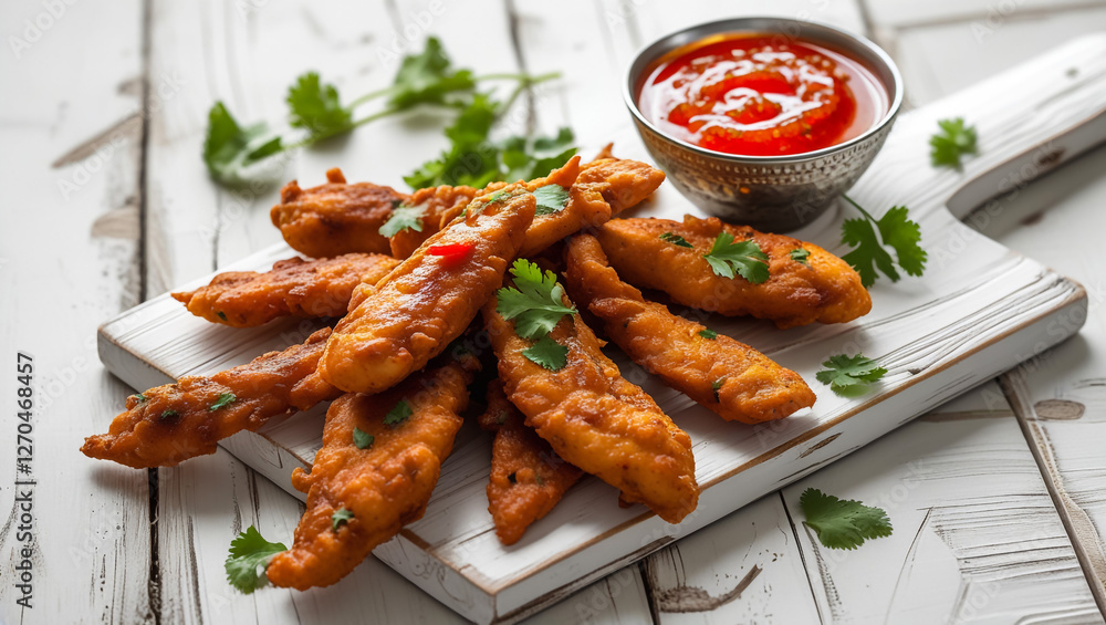 Crispy Shredded Chicken with sweet chilli sauce on white wooden board Crispy Shredded Chicken with sweet chilli sauce on white wooden board