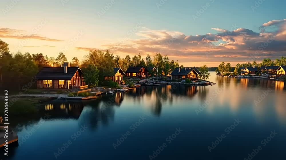 Serene lakeside cabins at sunset, reflecting warm colors on calm waters, surrounded by lush trees Serene lakeside cabins at sunset, reflecting warm colors on calm waters, surrounded by lush trees