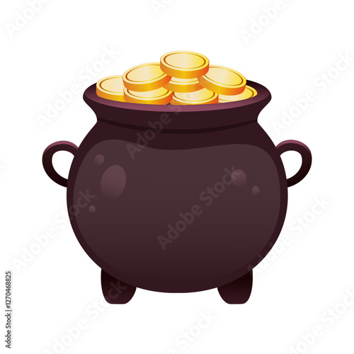 Pot of gold vector cartoon illustration. Black pot filled with golden coin. Irish, St. Patrick's Day celebration theme design element isolated on white.