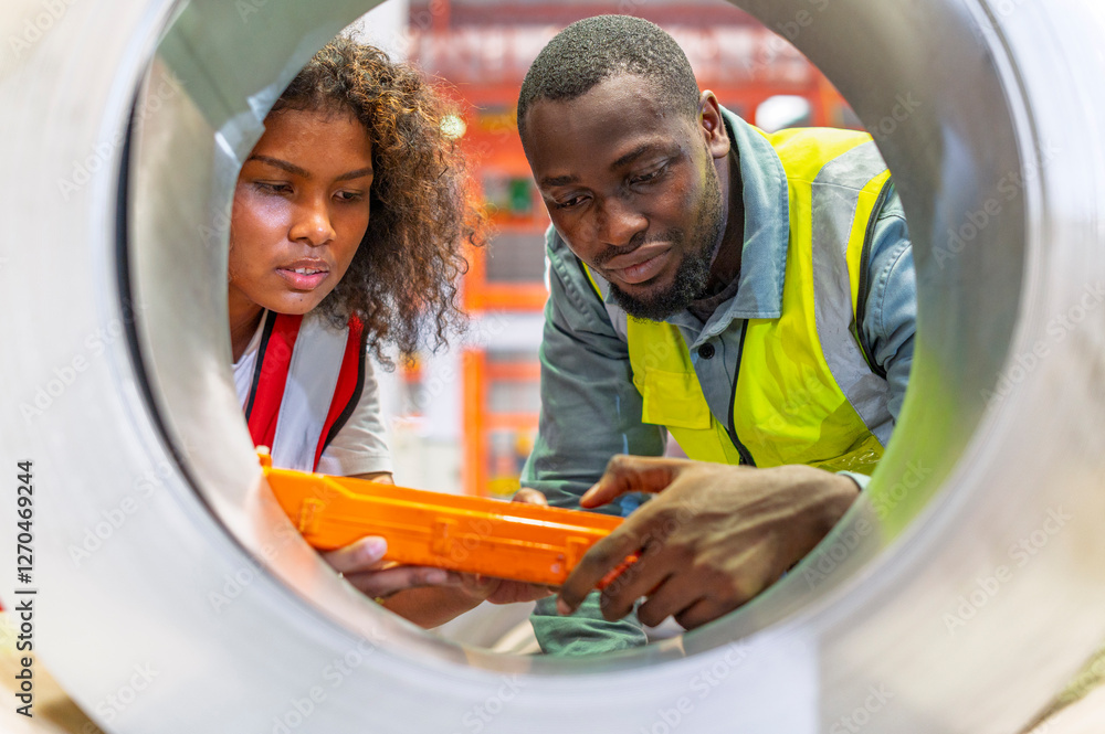 African workers working team happy aftter working of maintenance machine in heavy industrial factory