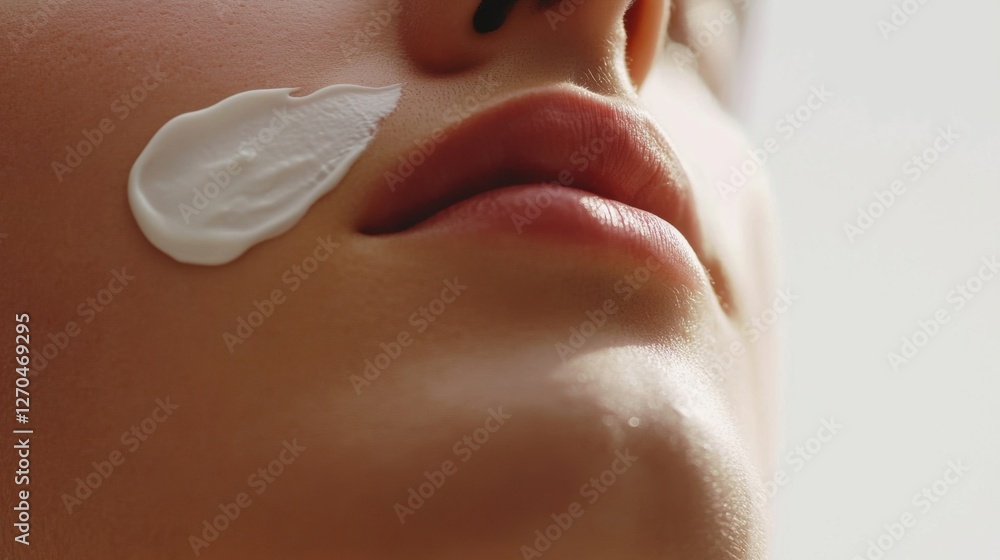 Naklejka premium Applying cream to an adult woman's face for perfect skin. Concept of beauty care for face and skin