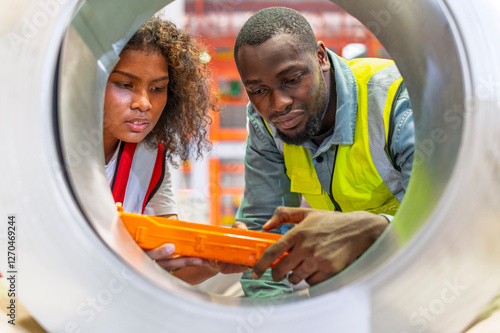Obraz na płótnie African workers working team happy aftter working of maintenance machine in heavy industrial factory w salonie