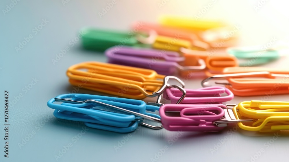 Colorful paper clips clustered on light blue surface Colorful paper clips clustered on light blue surface