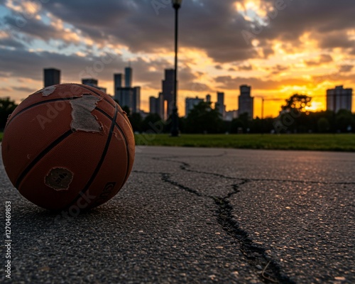 A basketball sits on the ground in front of a sunset.