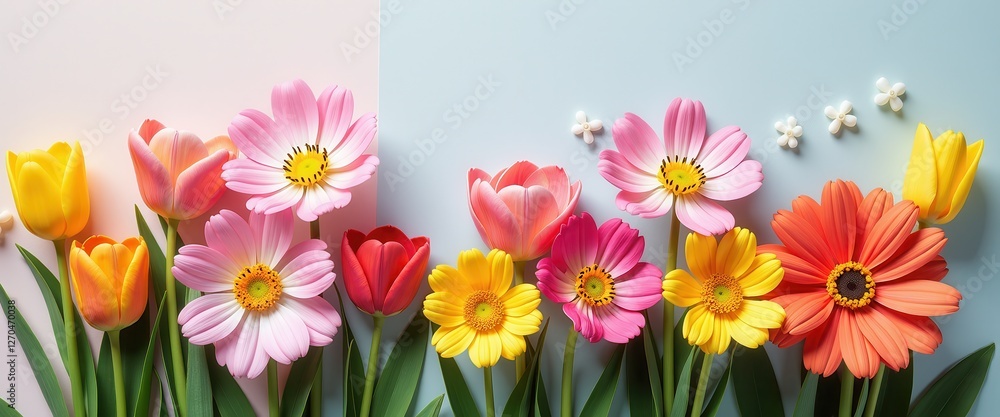 Vibrant Paper Flowers in Pink, Yellow, Orange, and White Against Muted Blue and White Background. A vibrant arrangement of flowers on a blue and white background. Vibrant Paper Flowers in Pink, Yellow, Orange, and White Against Muted Blue and White Background. A vibrant arrangement of flowers on a blue and white background.