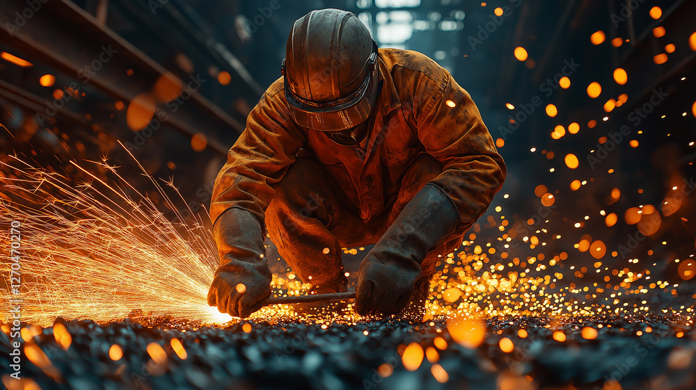 Labor Day, Industrial Worker Welding Metal with Sparks Flying in a Fiery Workshop, Ai Generated Images. Labor Day, Industrial Worker Welding Metal with Sparks Flying in a Fiery Workshop, Ai Generated Images.