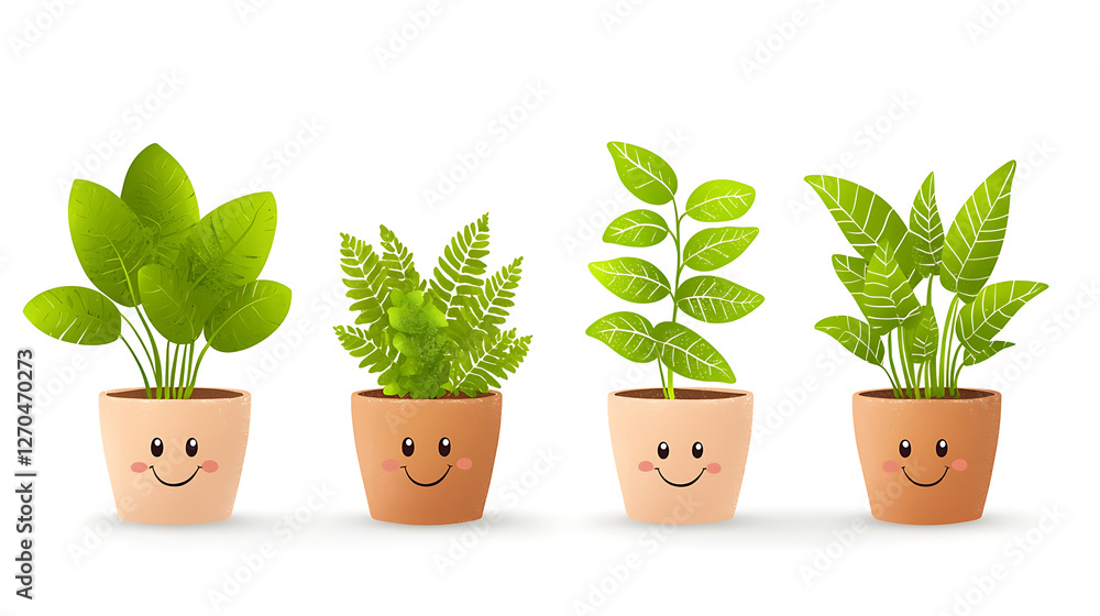 Fototapeta premium Happy potted plants with smiling faces, showcasing vibrant green leaves