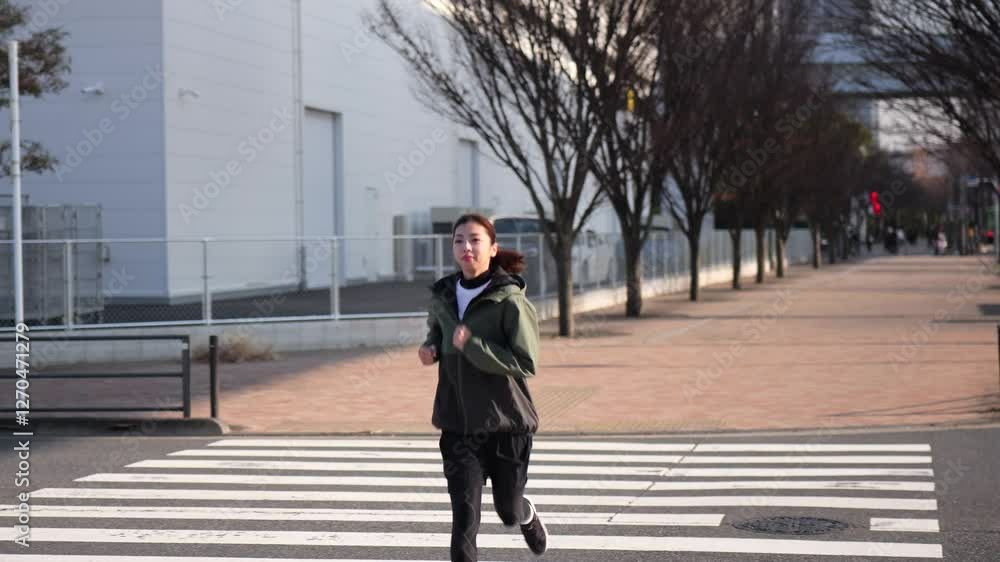 横断歩道を走りながら渡る女性ランナー 横断歩道を走りながら渡る女性ランナー