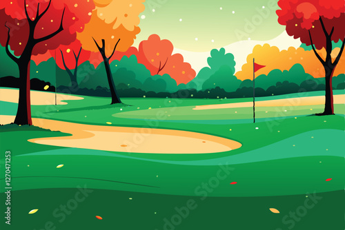 Vivid autumnal golf course scene; colorful leaves falling onto meticulously manicured greens and fairways under a crisp sky.