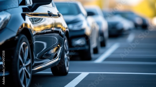 A close-up of a parking lot with sharp lines and clean asphalt, modern cars parked neatly in designated spaces
