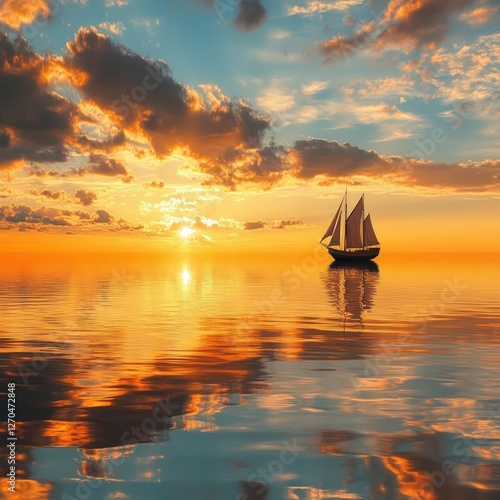 A warm, golden sunset reflecting off a calm sea, with a lone ship sailing across the horizon