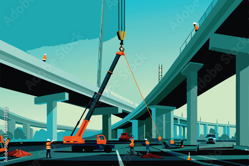 Construction of a complex highway interchange; multiple cranes lift and place massive concrete components.  Detailed view showcasing heavy machinery.