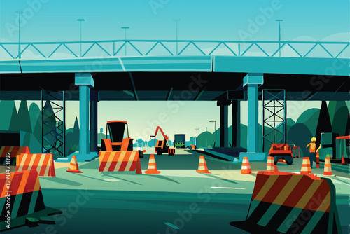 A highway toll booth undergoing extensive construction, showing workers, machinery, and disrupted traffic flow.  Focus on the construction site details.
