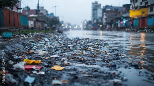 Wallpaper Mural Acid rain climate change concept. Polluted street scene with garbage and rainwater, highlighting environmental concerns. Torontodigital.ca
