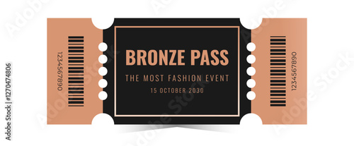 Horizontal bronze pass template. Cinema, theater, casino, concert, opera, ballet, performance copper coupon. Vector illustration on white background