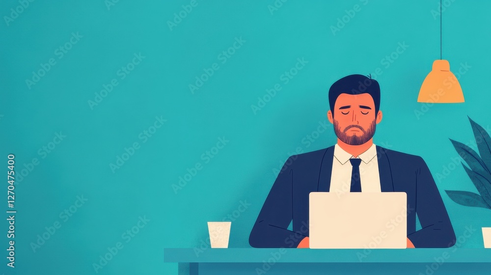 Overworked Employee Sitting at Desk with Eyes Closed in Exhaustion, Soft Pastel Tones in Calm Illustration, Perfect for Workplace Fatigue Concept Overworked Employee Sitting at Desk with Eyes Closed in Exhaustion, Soft Pastel Tones in Calm Illustration, Perfect for Workplace Fatigue Concept