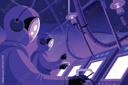 Three quirky aliens meticulously build a tech startup in a gravity-defying zero-gravity environment, using futuristic tools.