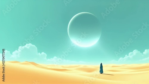 Solitary Figure in an Alien Desert Underneath a Giant Celestial Body