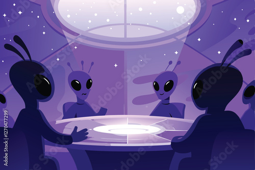 Three alien executives, illuminated by a bioluminescent glow, strategize their intergalactic business merger, negotiating contracts.